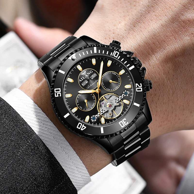 

Мужские автоматические механические наручные часы с вечным календарем, скелетонизированным циферблатом и турбийоном, из нержавеющей стали, для спорта и бизнеса