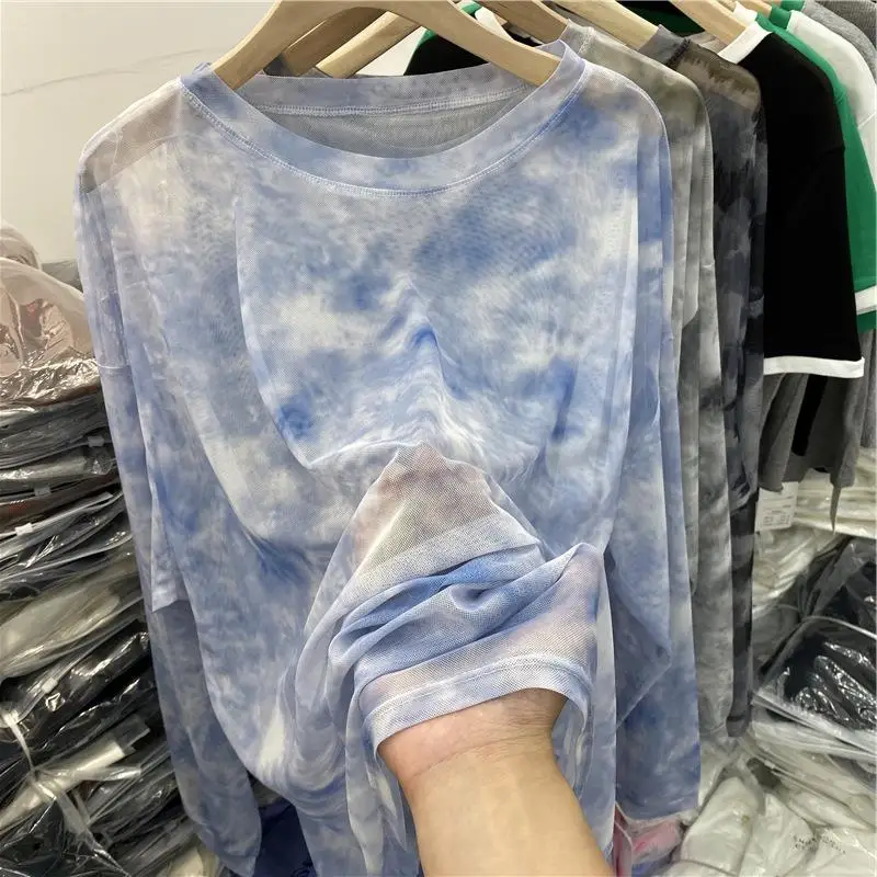 

Ice Silk Loose Long Sleeve Base Shirt Women's Summer Thin Layered Wear Mesh Dyeing T-Shirt Korean Style Commute Top