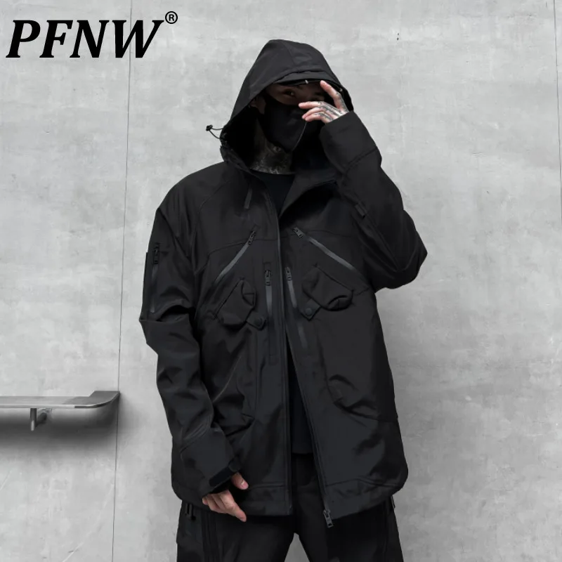 PFNW Men's Multi Zippered Pocket Black Jackets Autumn Fashion Hooded Oversized Zipper Coats Loose Fit Techwear Clothes 12C1492