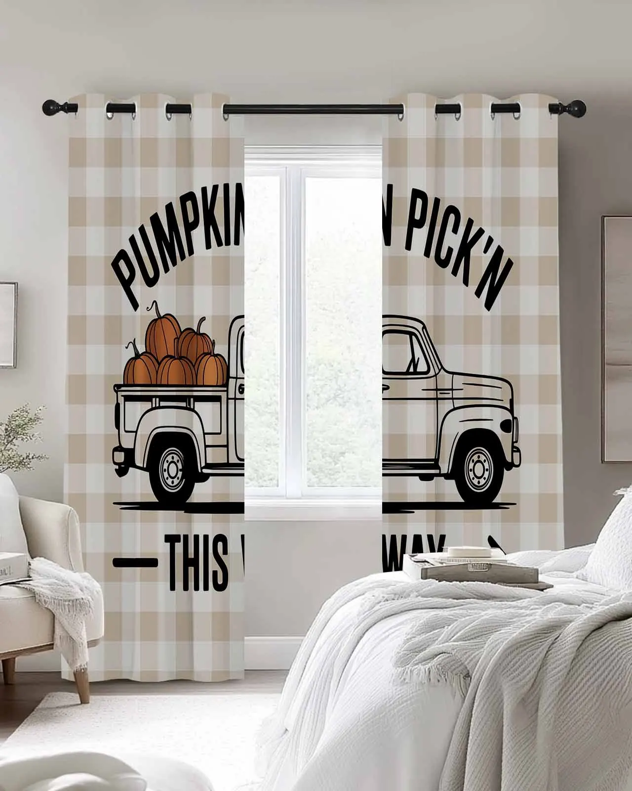 

Pumpkin Car Thanksgiving Plaid Polyester Window Curtains For Living Room Kitchen Bedroom Drapes