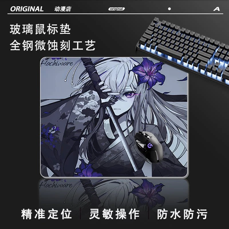 Anime Girl Swordsman FOR-WWallhackS Glass Mouse Pad HD Tempered Smooth FPS Esports Office Mouse Mat Desktop Computer Desk Pad