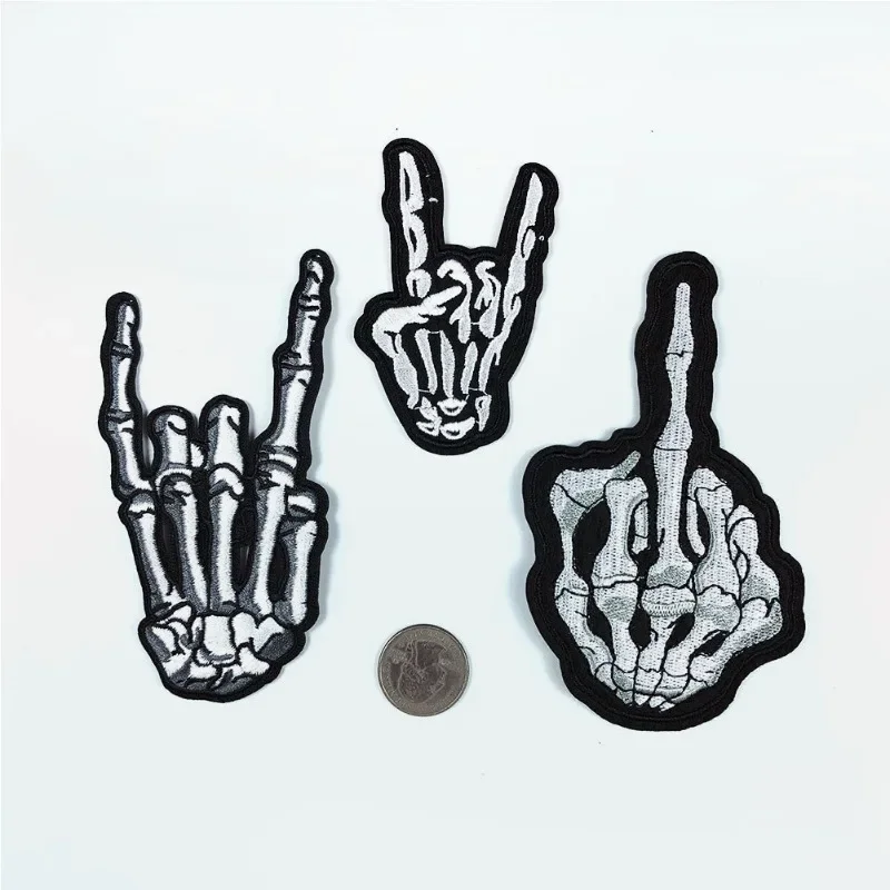 Skull Cloth Sticker Punk Style White Bone Corna Rock Gesture Evil Finger Demon Horn Adhesive Embroidery Patches for Clothing