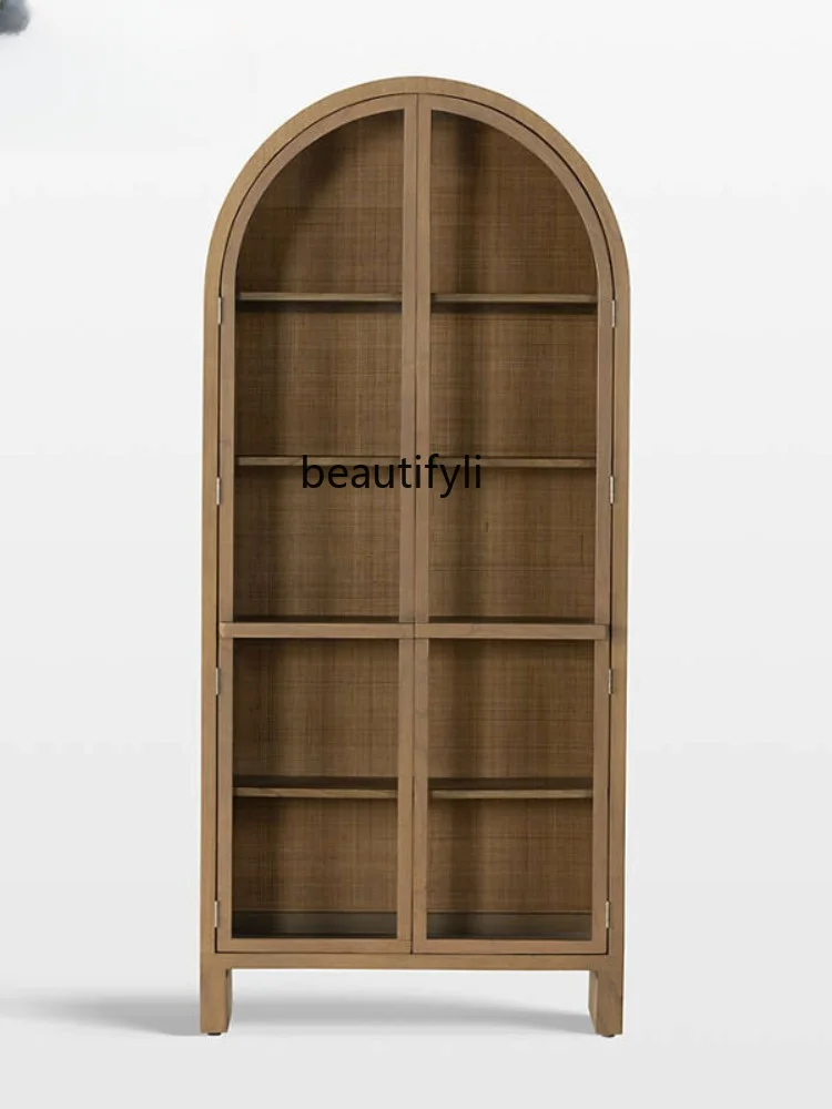 American-Style Arched Rattan Bookcase French Living Room Vintage Wine Cabinet Solid Wood Storage Display Cabinet Wall Locker