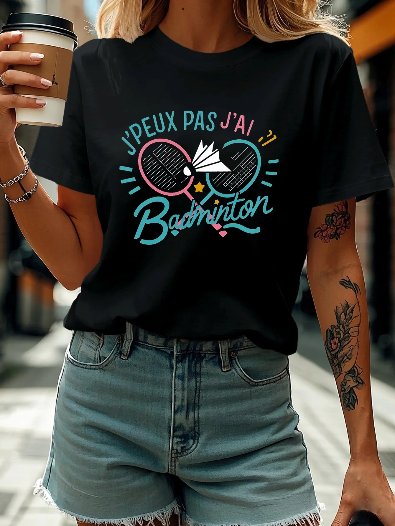 

J'PEUX PAS J'AI Футболка с буквенным принтом для бадминтона, повседневный повседневный топ с короткими рукавами и круглым вырезом на лето и весну, женская одежда