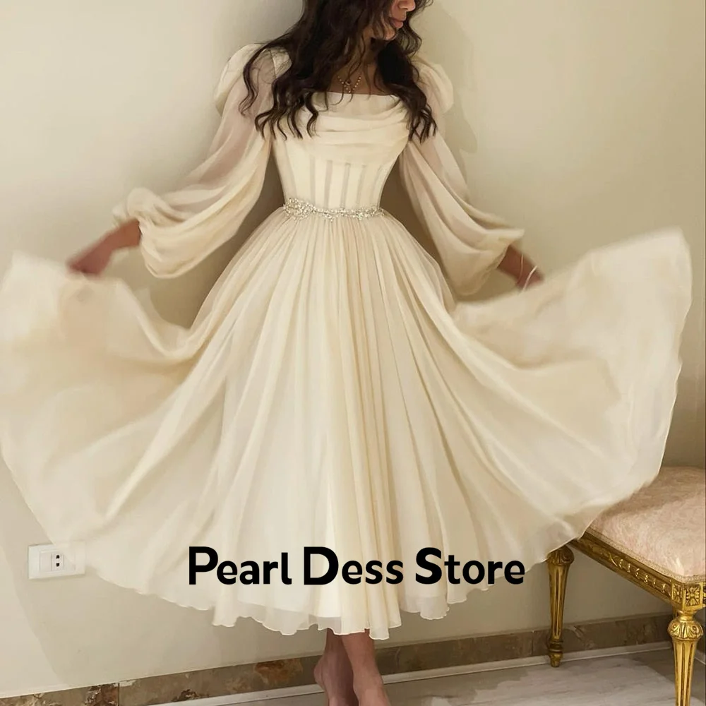 

Pearl Ladies Dresses for Special Occasions Dubai Beige Short Mid Length Arabian Evening Dress With Belt Long Sleeves Tea Length