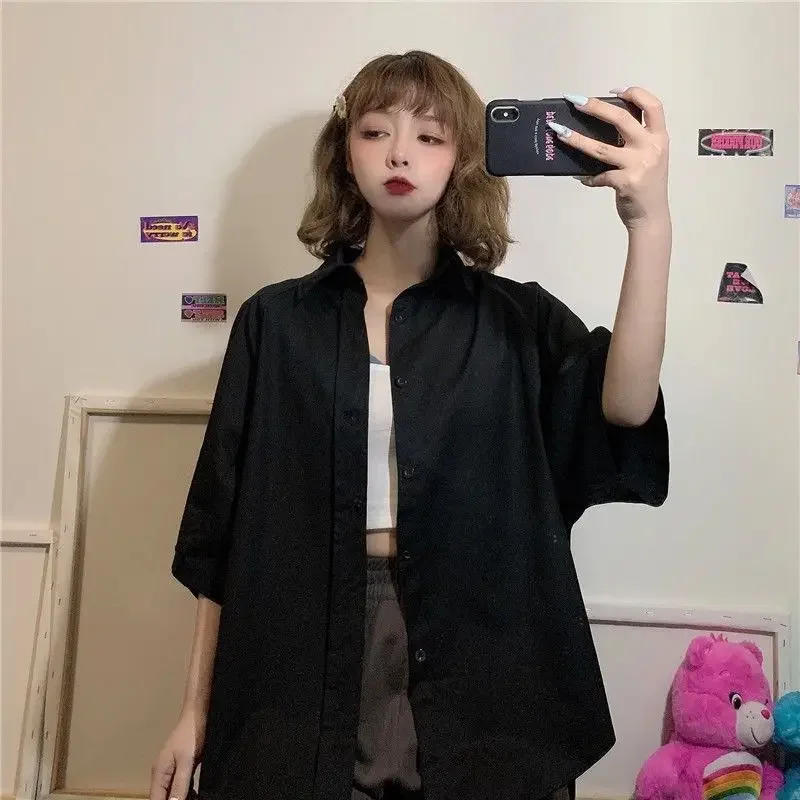 

Japan Style Shirts Women Loose College BF Streetwear Summer Solid Mujer Blusas Simple Hipster Unisex Casual Chic Basic Ulzzang