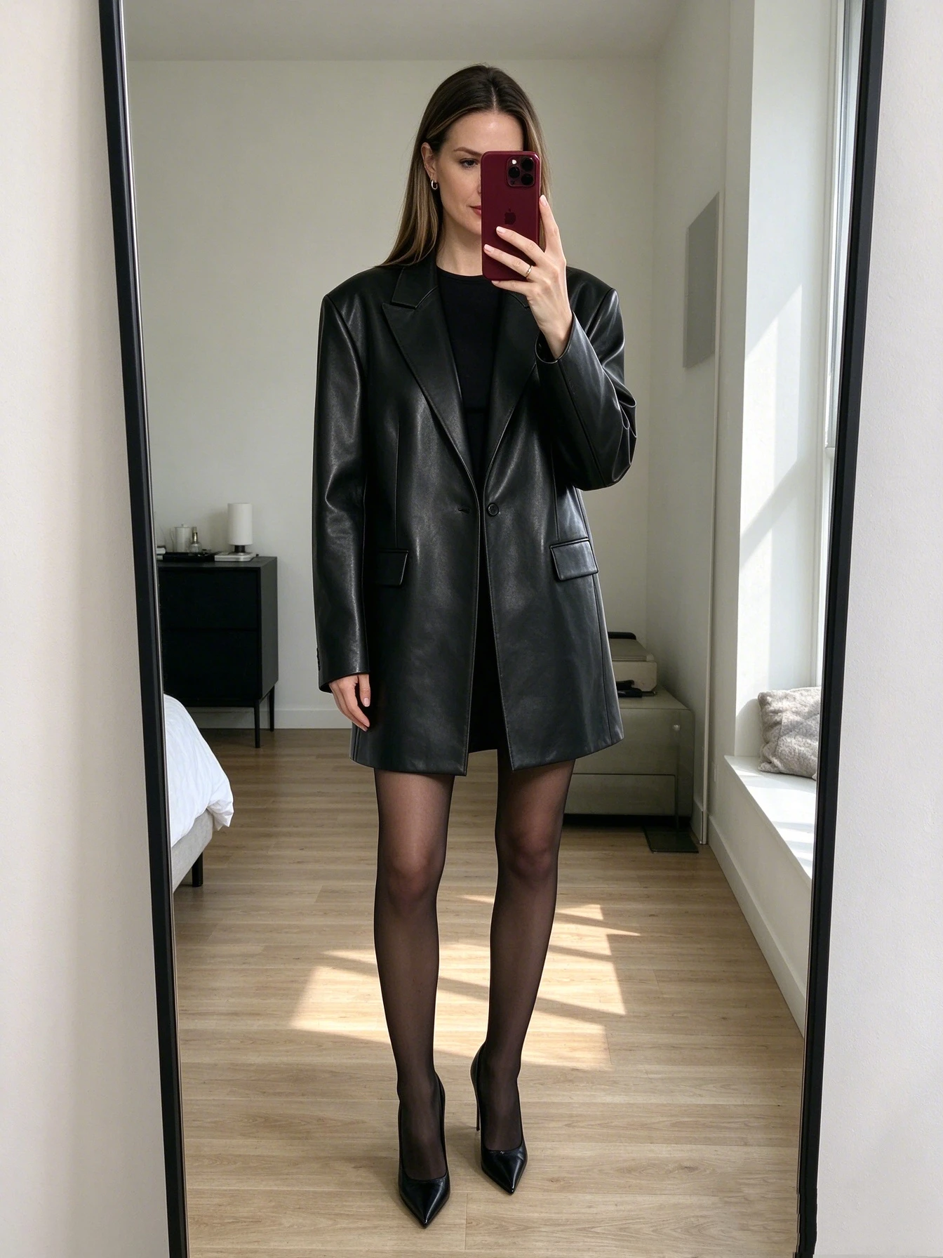 Women's Faux Leather Oversized Blazer with Wide Notch Lapels and Mid-Length Fit