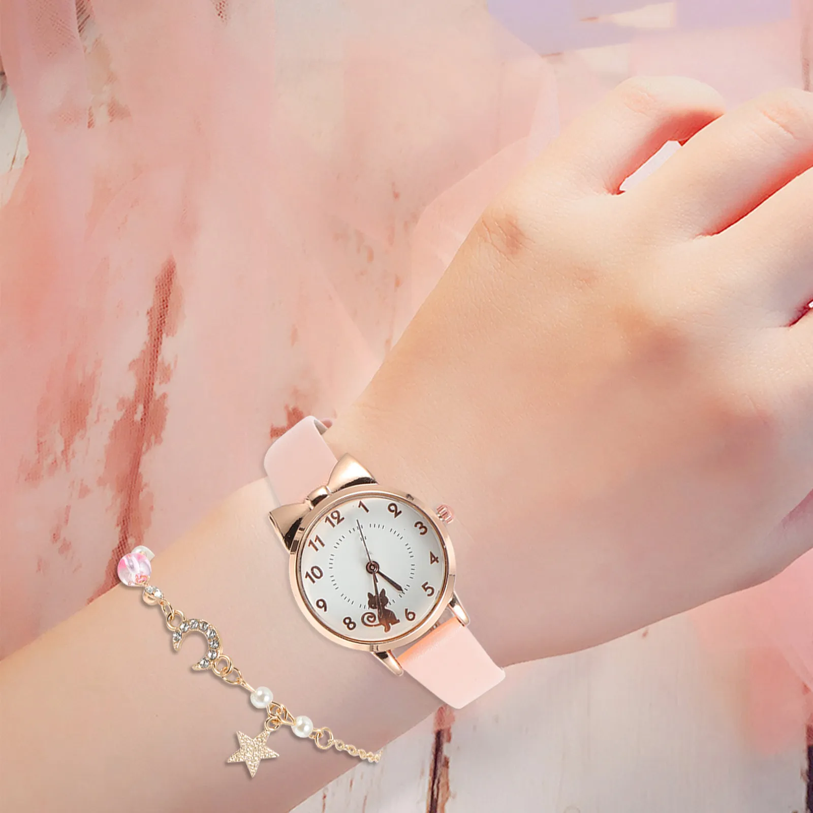1Set Moon Bracelet and Cat Quartz Watch Set for Women Stylish Casual Elegant Timepiece with Exquisite Craftsmanship Gift Ready