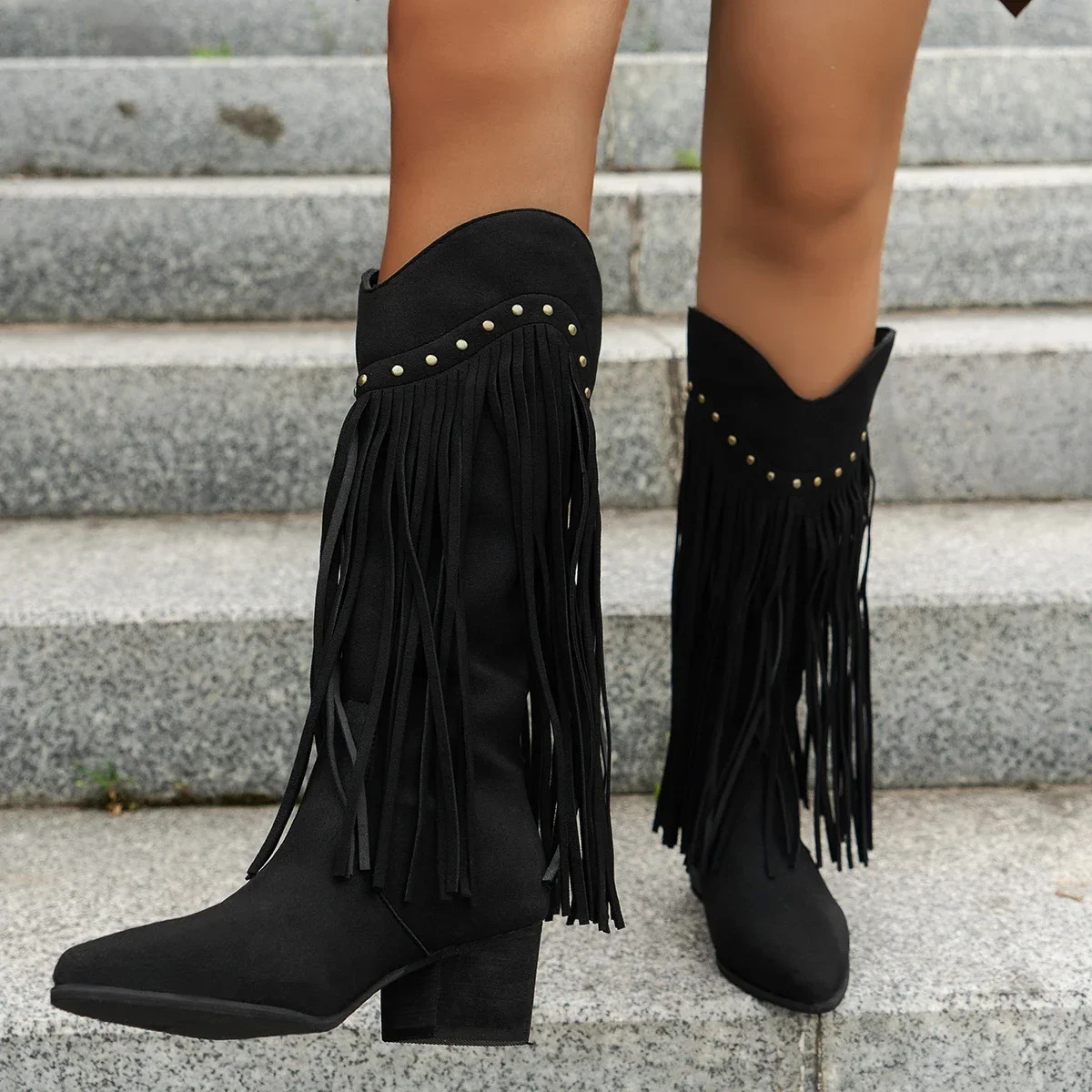 New Women's Tassel Boots Chunky Heel Flat Retro Western Cowboy Mid-Length Boots Women's Suede Boots Mid-Tube Zipper Zapatos