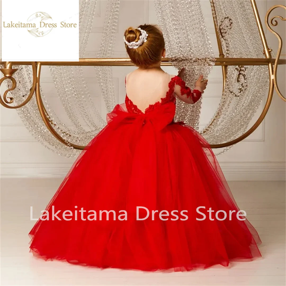 New Red Fluffy maniche lunghe Flower Girls Dresses Beautiful damigella d'onore Birthday Gown Lace Bow Prom Party Dresses