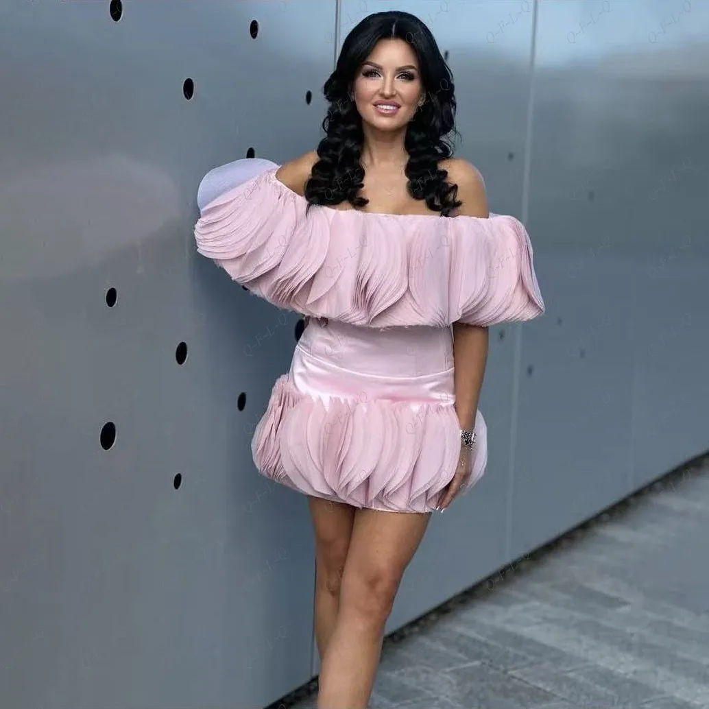 New Design Pink Dresses Off Shoulder Sleeveless Party Gowns Layered Organza Multi Layered Mini Prom Dress Chic