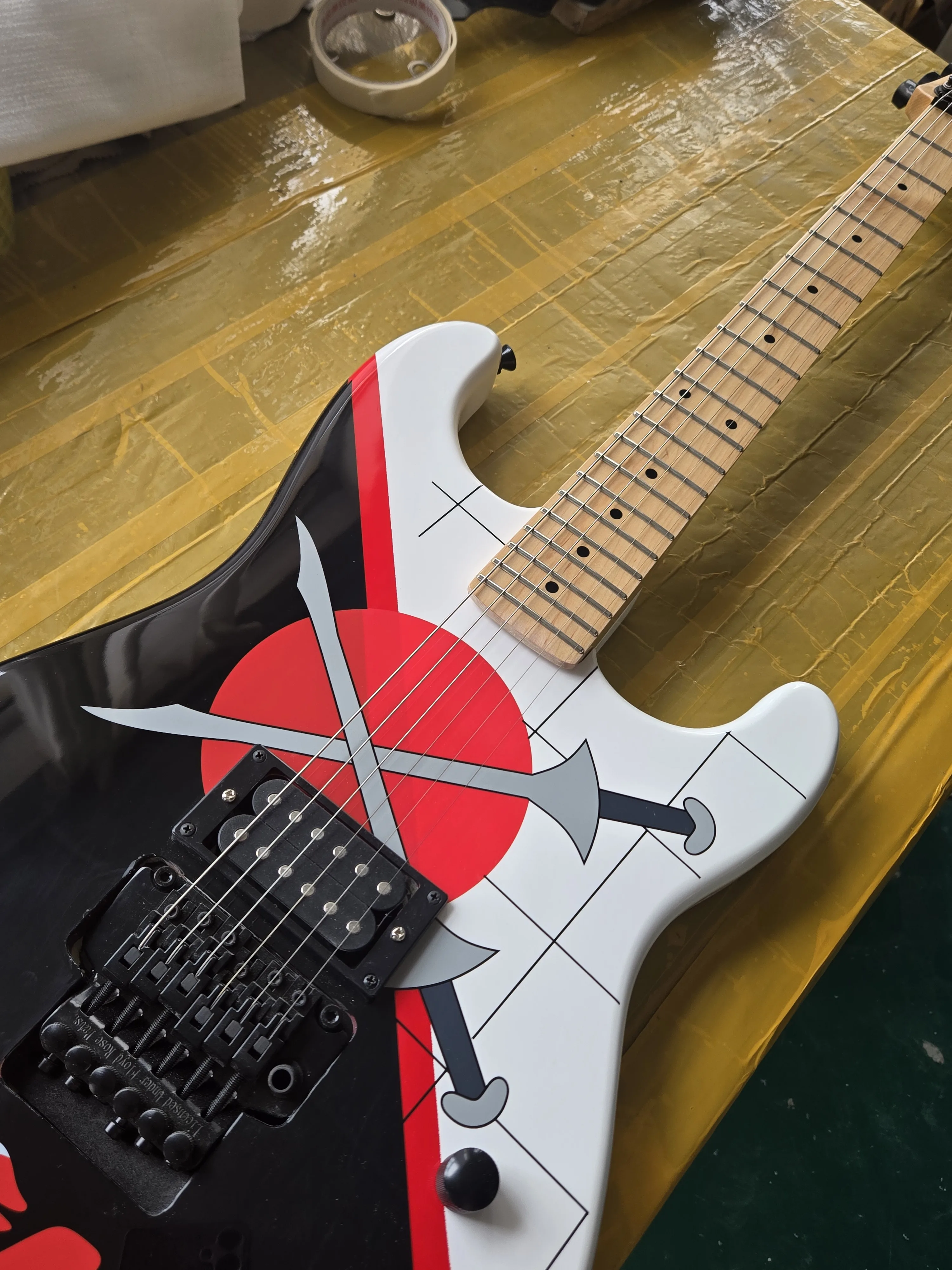 Electric Guitar Water Transfer Printing Black White Maple Neck S-S-S Pickup Dual Tremolo System Black Hardware Free Shipping