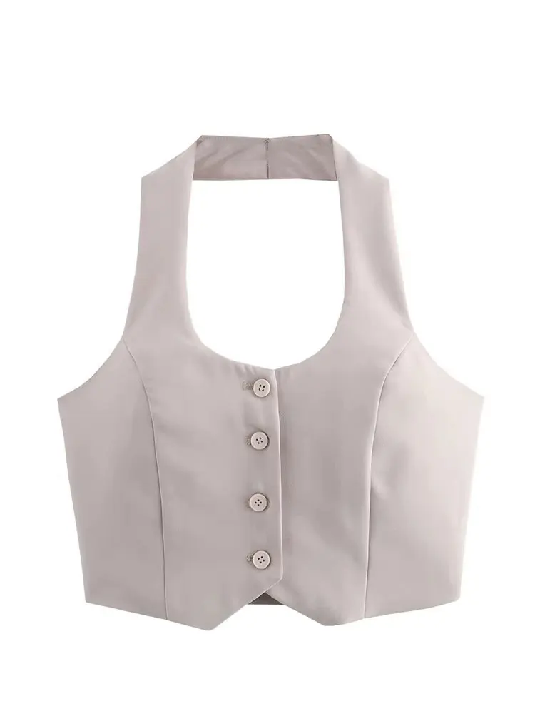 

HH летние женские укороченные жилеты, топ с лямкой на шее, однобортные жилеты без рукавов, женская модная уличная одежда, винтажные однотонные топы