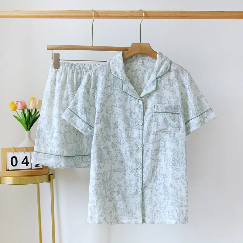 2024 New Women's Pajama Set All Cotton Double Layer Gauze Ladies Super Breathable Short Sleeve Shorts Two Piece Home Suit