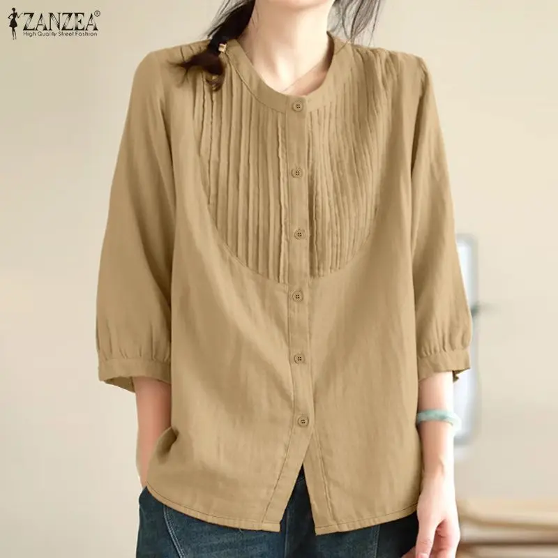 

Женская рубашка ZANZEA 2026: летняя, с пышными рукавами 3/4, круглым вырезом, на пуговицах, однотонная, повседневная, для женщин
