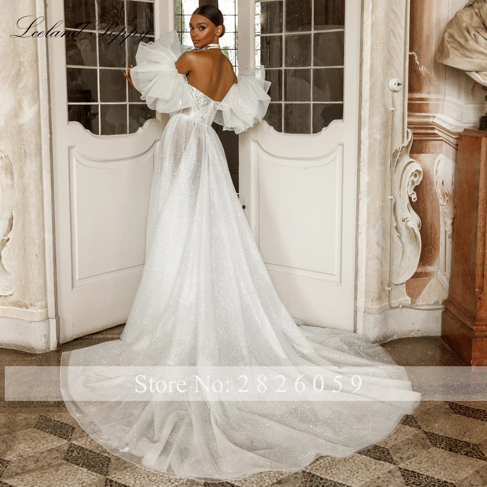 Lceland Poppy Customized A Line Strapless Glitter Tulle Wedding Dresses Pleated High Slit Bridal Gowns with Removable Sleeves