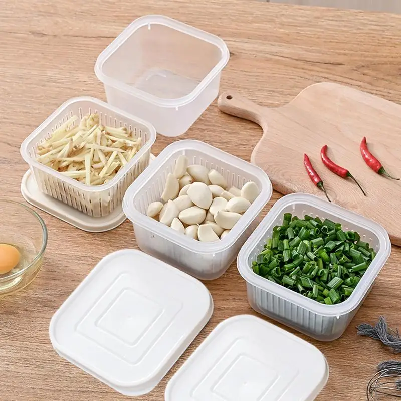 Kitchen Scallion Storage Box Double Layer Refrigerator Fruits Drainage Box With Lid Onions Ginger Garlic Sealed Box For Snacks