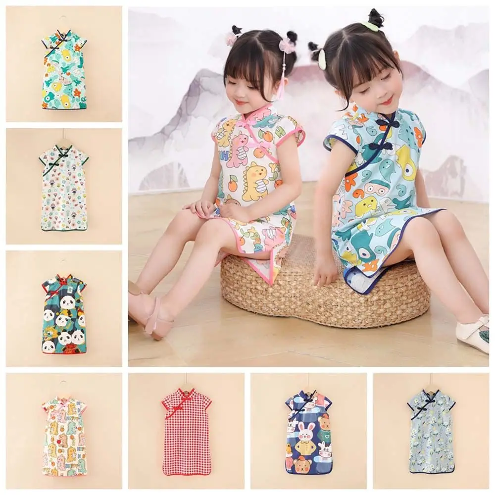 Cartoon Animals Children Cheongsam Princess Dress Girls Clothing Kids Girls Cartoon Skirt Panda Rabbits Short-Sleeved