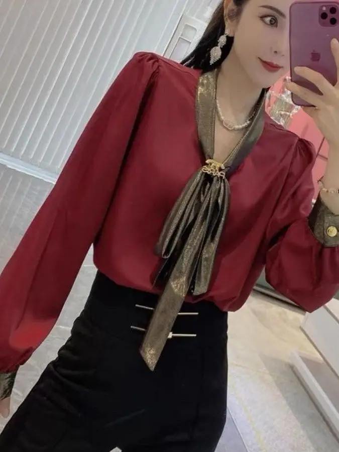 

Silk Satin Knot Color Blo Belted Long Sve irt Women's Spring Autumn New Commute Simple High Sense Top