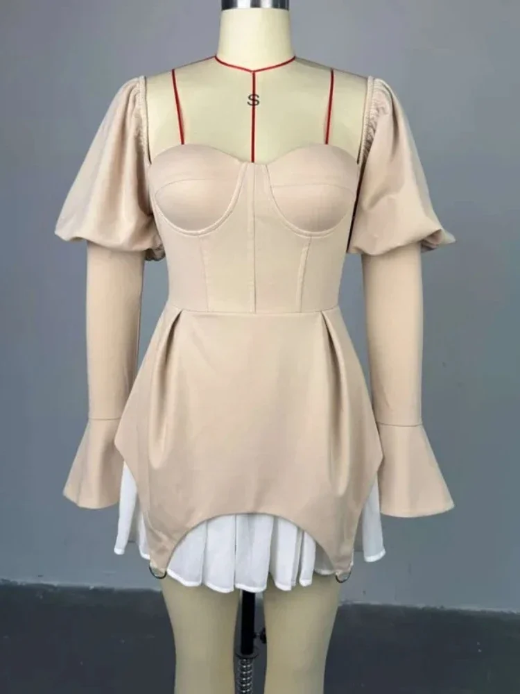 

2025 Spring/Summer New Design Women's Dress Wrapping Chest Splicing Irregular Short Long Sleeve Dress