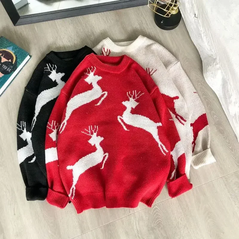 Autumn/winter Korean Style Loose Fit Christmas Deer Pullover Sweater For Men Women Casual Knitted Top Crew Neck Sweater 2025 NEW