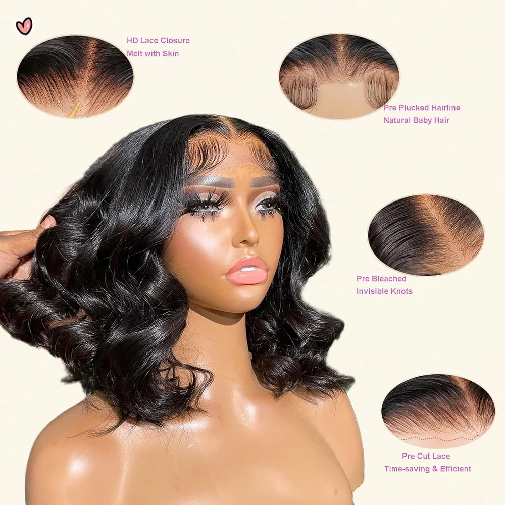 10a perucas de cabelo humano com cabelo do bebê natural preto 200 densidade 13x1 onda do corpo frente do laço bob perucas bob peruca cabelo humano pré arrancado