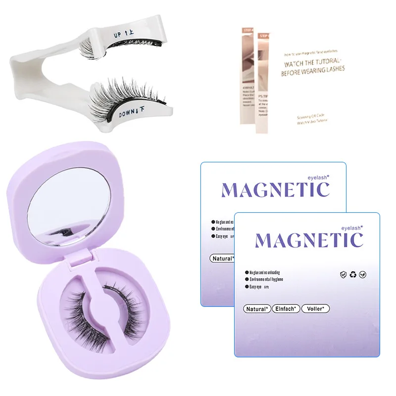 1 Paar 3 magnetische Wimpern, violette Box, magnetische falsche Wimpern, kleberfrei, natürlich wiederverwendbar, magnetische Wimpern mit Clip-Set
