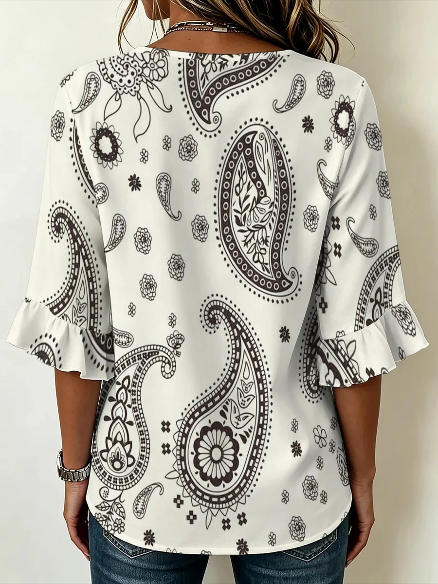 Sommerbluse mit 3/4-Ärmeln und V-Ausschnitt, bedruckt, Vintage-Ethno-Pullover-Oberteil, markanter Look für den Arbeitsweg und gesellschaftliche Anlässe. – Detail 3