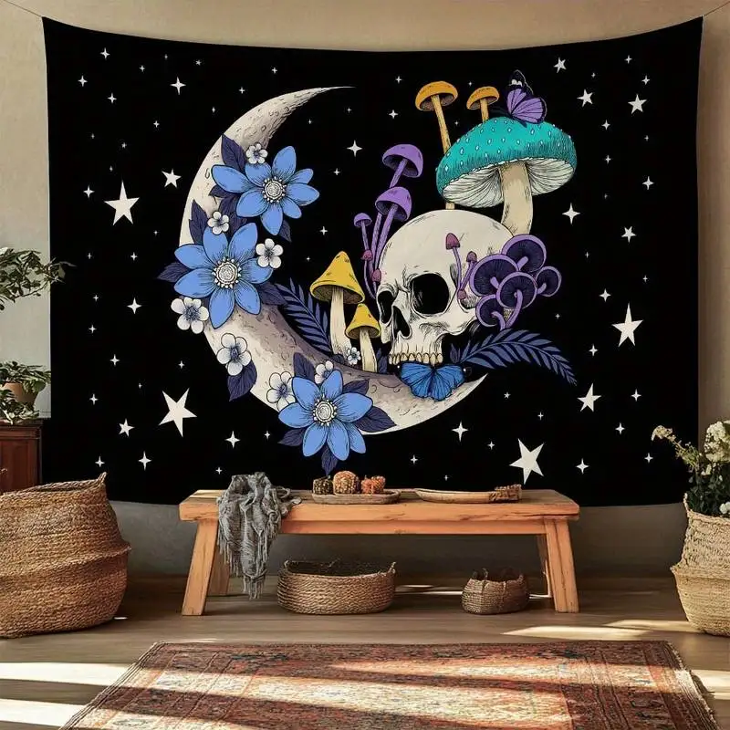 Mystic Skull Moon Mushroom Tapestry Bohemian Gothic Wall Hanging Celestial Blue Flowers Stars Decor Art 180x280cm