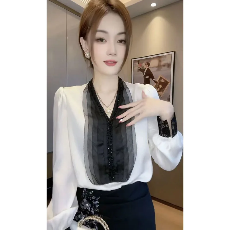 Elegant V-Neck Spliced Beading Lace Lantern Sleeve Blouse Women Clothing 2023 Autumn New Oversized Casual Tops Office Lady Shirt