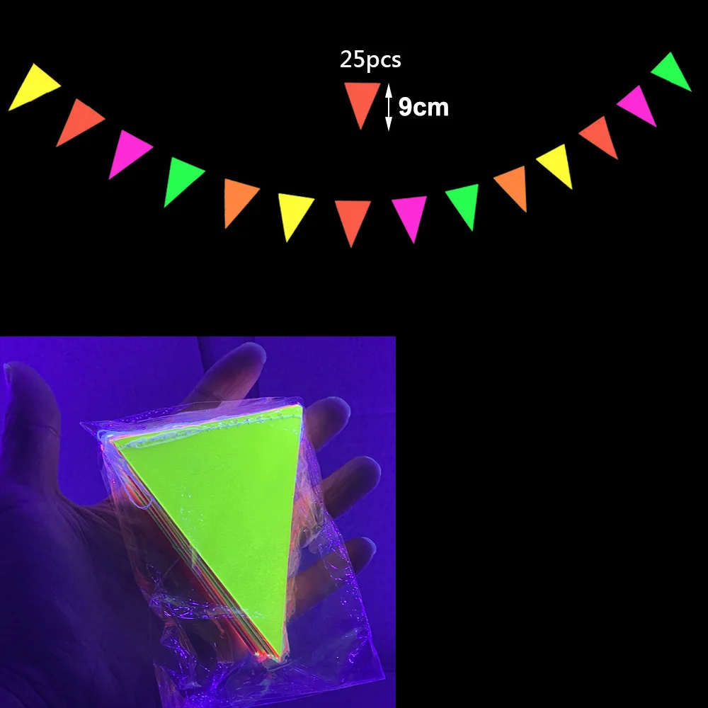 Neon-Geburtstags-Papiergirlande, Dekorationen, die im Dunkeln leuchten, Party-Dreiecksflaggen, Wimpelkette, schwarzes Licht, reaktive UV-Banner-Zubehör – Detail 4