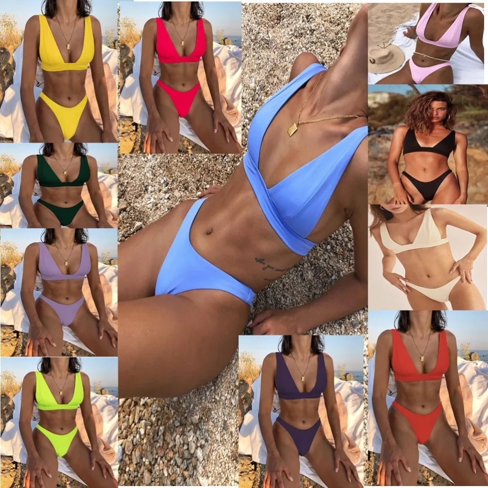 

New Women's Bikini Double Fabric Color Swimwear Semi-Bot Soft Padded e Separation Two-Piece Swimming Suit