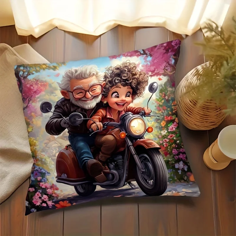 Funny Old Couple Motorcycle Pillow Case Cute Grandparents Riding Scooter Cushion Cover Retro Cartoon Home Decor Throw Pillowcase
