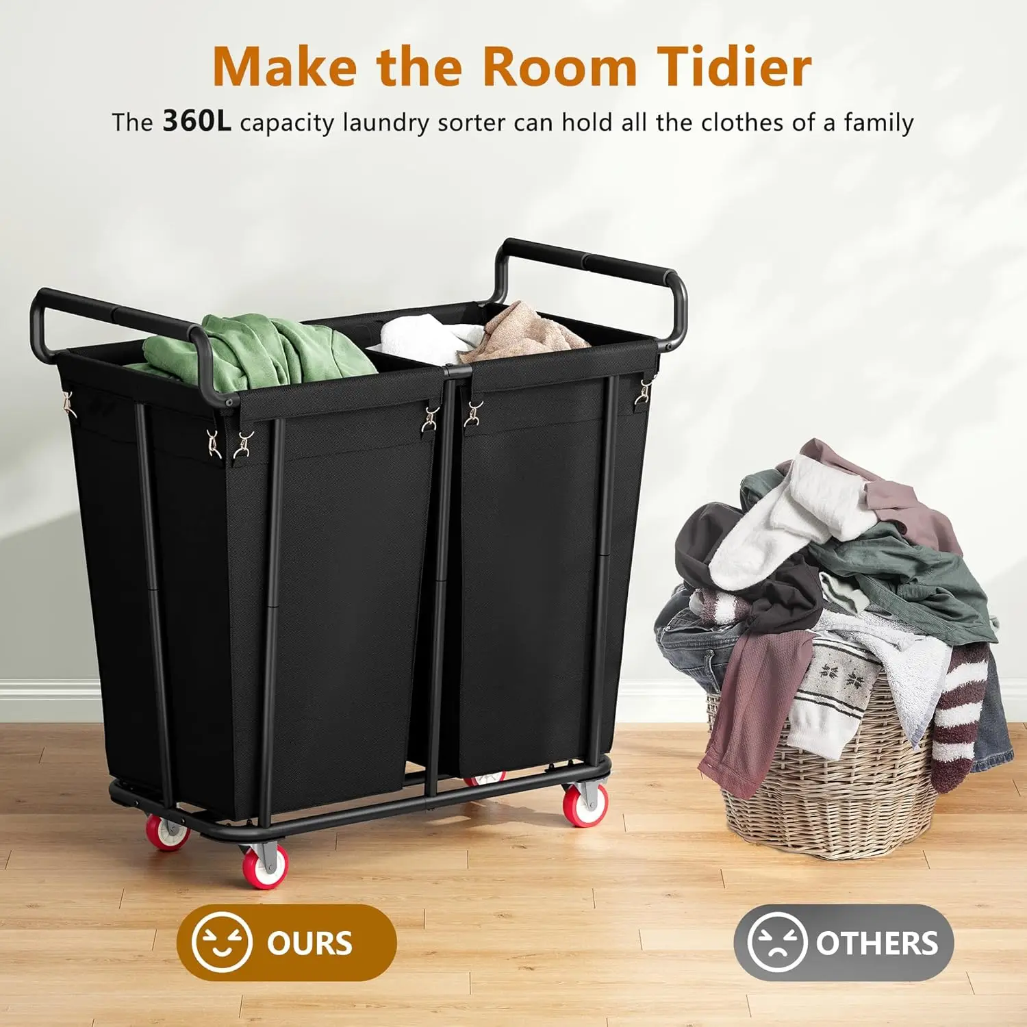 Laundry Hamper with Wheels 360L Large Rolling Laundry Sorter Cart for Clothes Storage Heavy Duty Laundry Basket with Lockable Wh