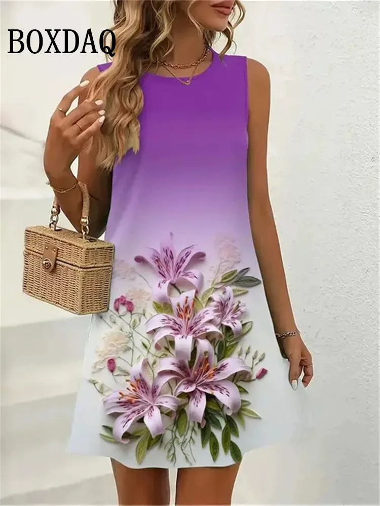 Blumen-Schmetterlingsdruck-Kleider für den Sommer 2022, Damen-Vintage-ärmelloses Minikleid, lässige Weste, lockeres Strand-Kurzkleid, Sommerkleid