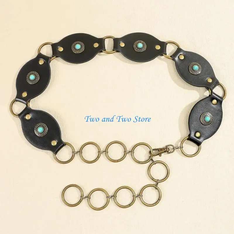 

HX6F Oval Disc Belt Ethnic Turquoise Belt All Matching Waistband Bohemian Waistbelt