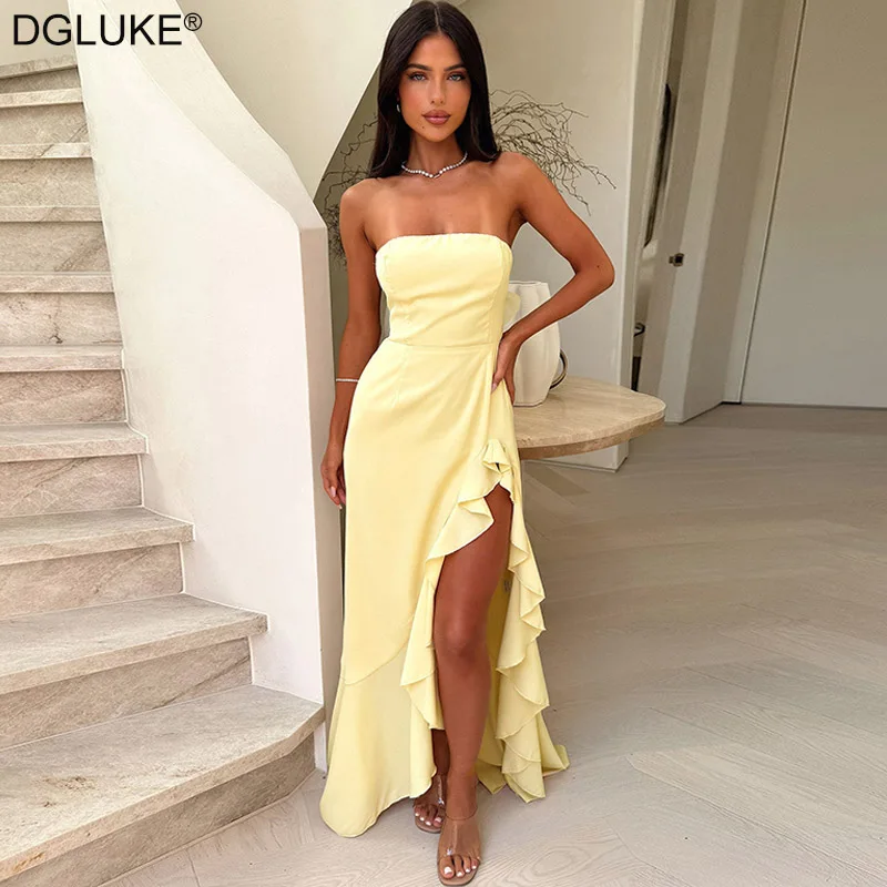 

DGLUKE Strapless Long Dress With Slit Bow Tie Backless Ruffle Maxi Dress Woman Elegant Mermaid Summer Party Dresses 2025