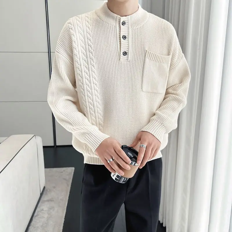 Knitted Casual Basic Button Sweaters Men's Clothing Solid Color Autumn Winter O-Neck Stylish Pockets Spliced Vintage Pullovers