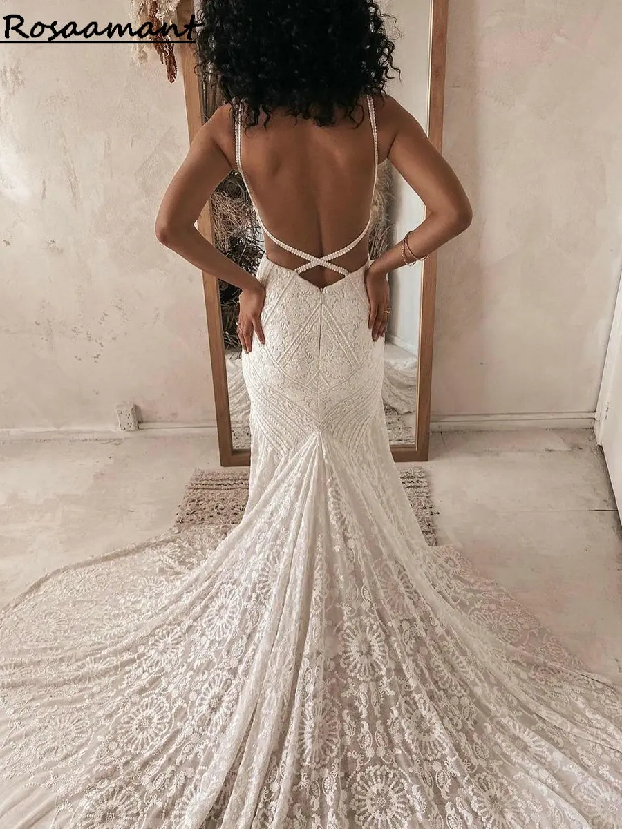 Vestidos de novia bohemios con apliques de encaje, traje de sirena con tirantes finos y espalda descubierta