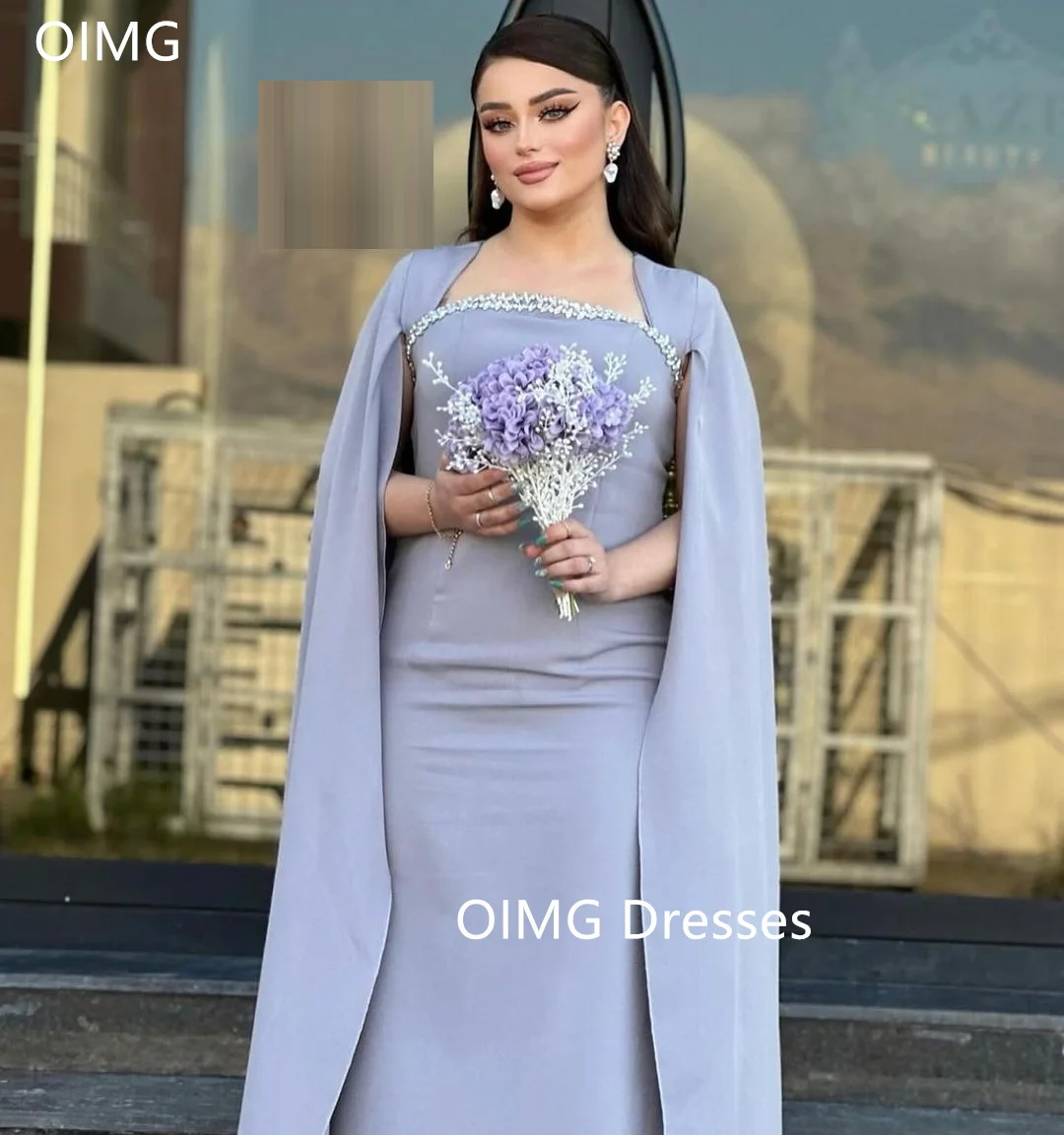 

OIMG Mermaid Cape Sleeves Fashion Saudi Square Collar Prom Dresses Sky Blue Crystals Satin Evening Gowns Formal Party Dress