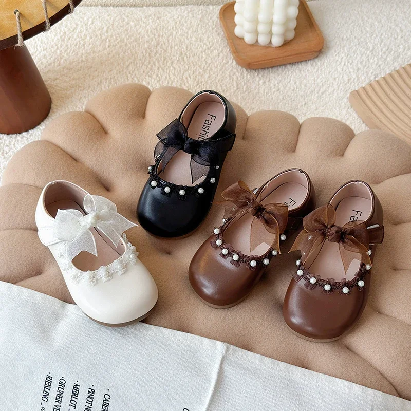 

2025 New Girls Children Princess Shoes Leather Shoes Lace Bowknot Chic Sweet Kids Fashion Causal Flat Shoes Elegant Versatile