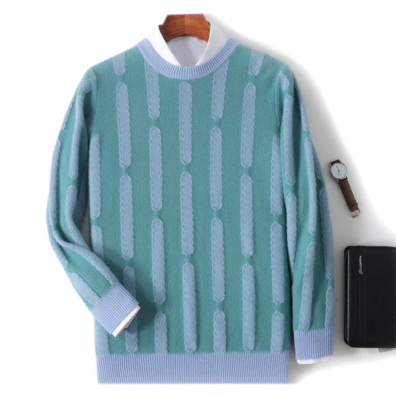 Autumn And Winter New 100 Wool Round Neck Color Matching Thickened Casual Loose Sweater Pullover Cashmere Knitting Bottoming