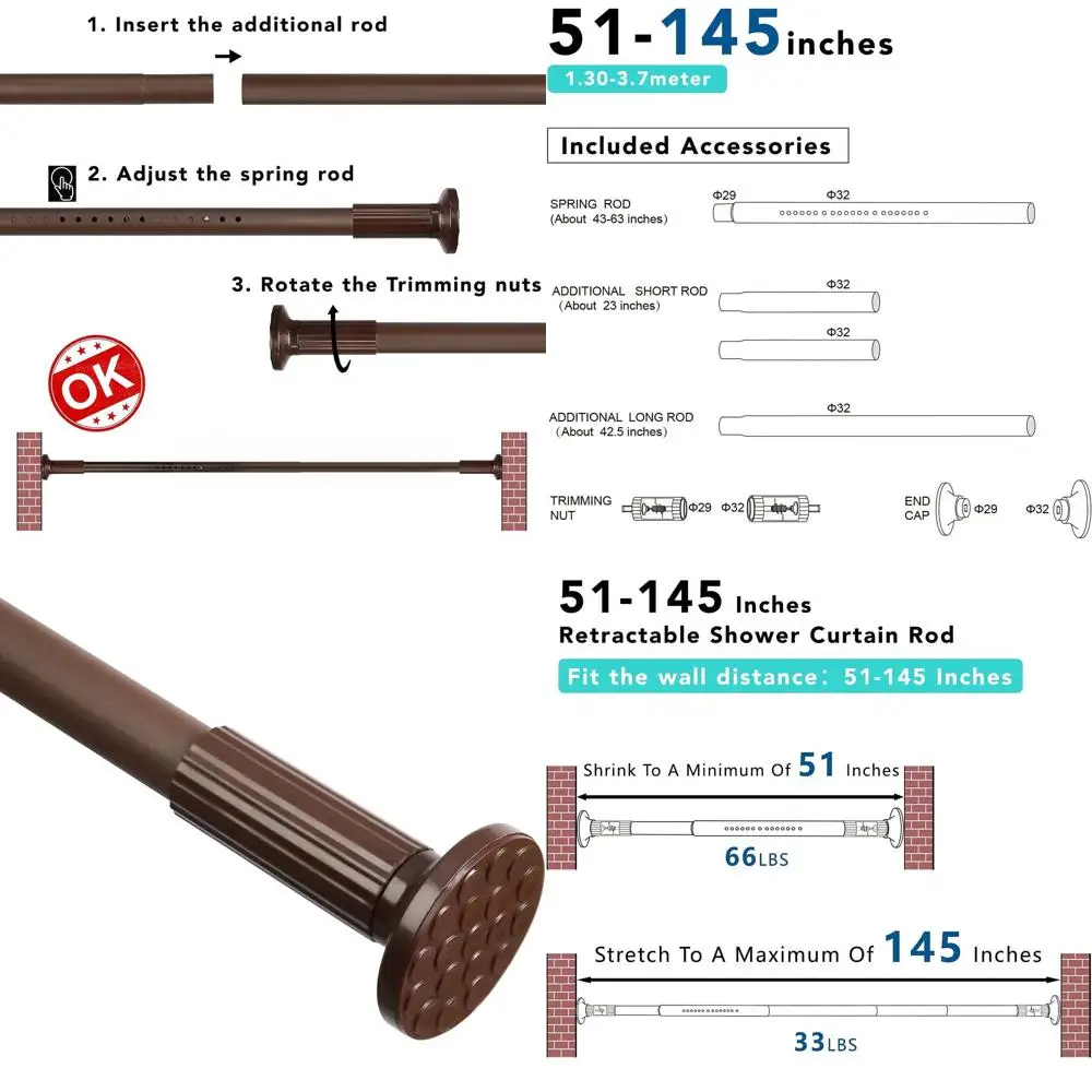 

Rustproof Shower Curtain Tension Rod, Adjustable for Windows or Shower, Easy Install, Brown, 51-145