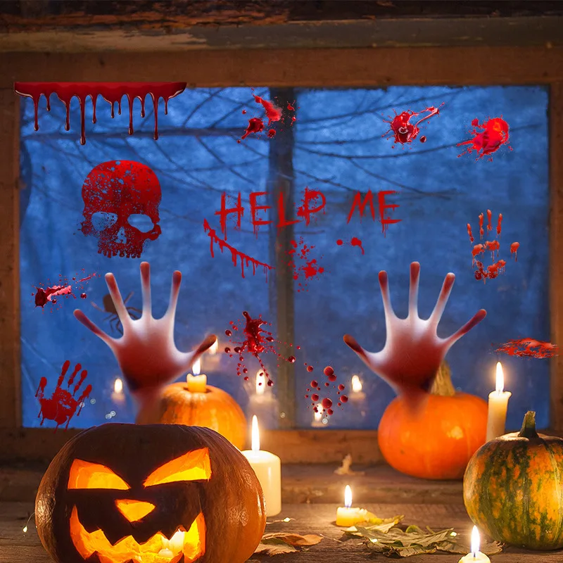Bloody Handprint Skull Blood Splatter Halloween Window Sticker, Escape Room Decal, Spooky Hallway Party Scene Decor