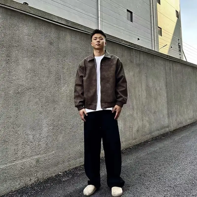 

Мужская демисезонная куртка из состаренной кожи в стиле ретро-американский кэжуал, с декоративной молнией, модель Cleanfit