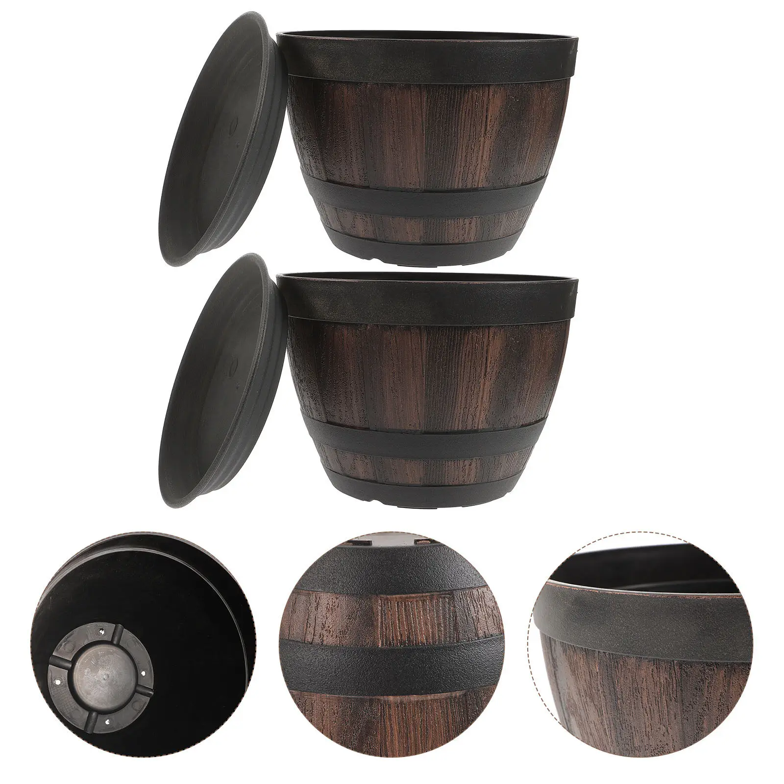 

2Sets Imitated Wood Grain Flower Pots Plastic Barrel Drainage Hole Retro Planter for Garden Outdoor Imitation Wooden Barrel