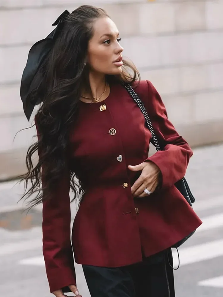 

Women Chic Wine Red Waist Cinching Jacket Fashion Solid O-neck Long Sleeve Single-breasted Coat 2025 Autumn Lady Commute Outwear