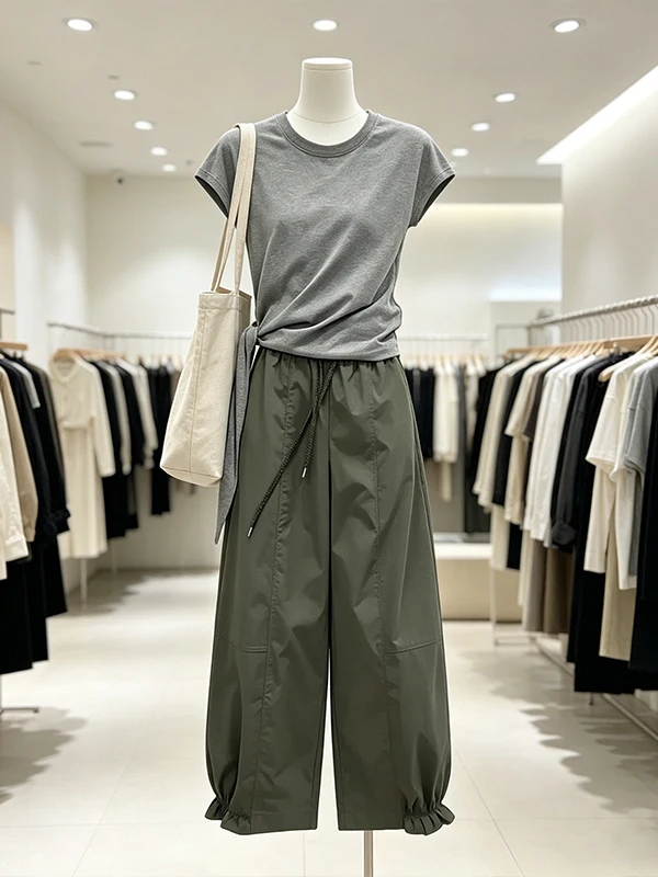 

Large Size Women's Grey Tie T-Shirt High Waist Nine-Piece Pants Two-Piece Set Summer New Style Commute Korean Version Slimming