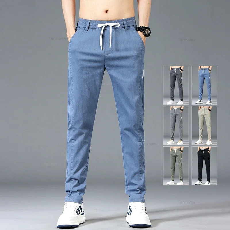 Summer Thin Men\'s Casual Pants Cotton Business Slim Straight Trousers Fashion Elastic Waist Korean Style Blue Gray Green Khaki