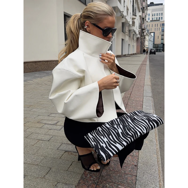 Women's Crocodile Pattern Short Leather Jacket Retro High Collar Zipper Loose Long Sleeve Jackets Lady Street Daily Wear 2026
